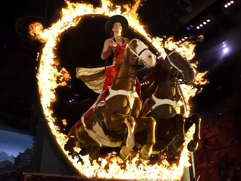 trick rider and horses leaping through ring of fire