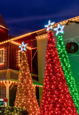 Orange, red, and green Christmas trees light up outside Stampede’s building